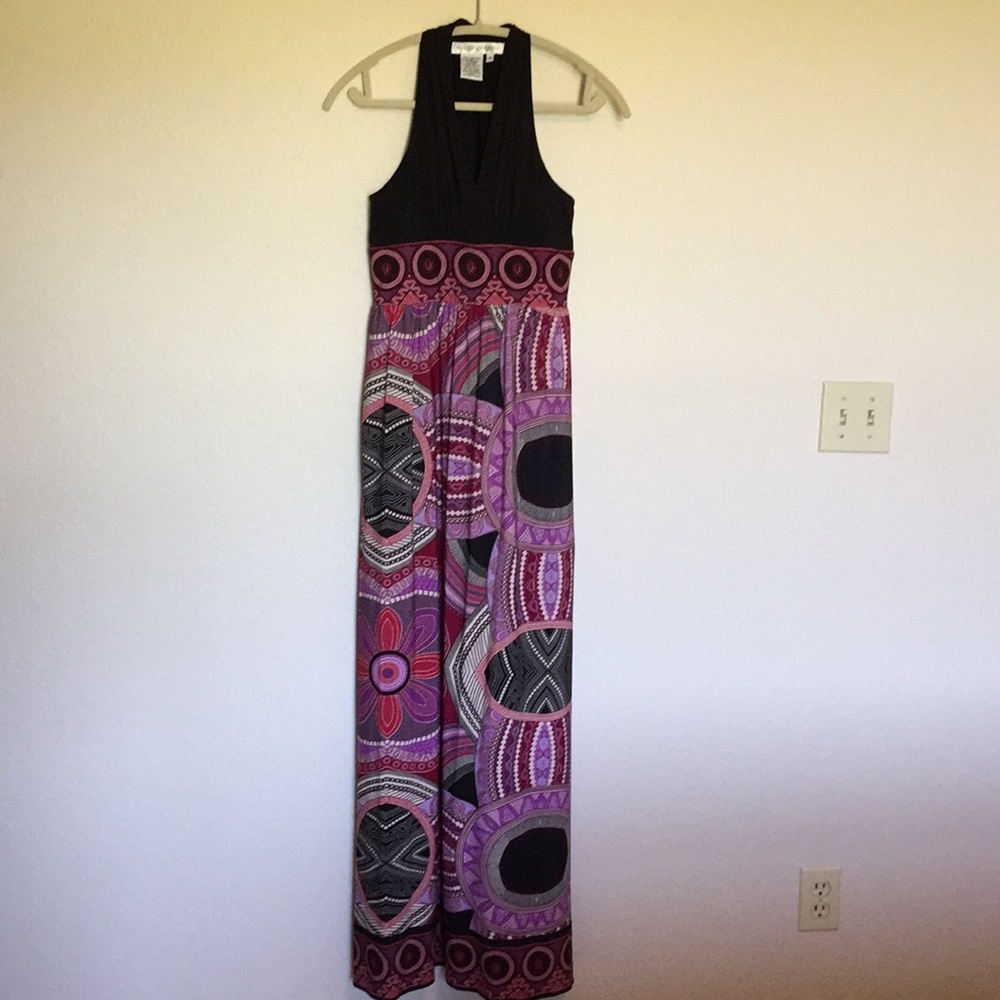 Maggy London Black and Purple Printed Halter Maxi Dress